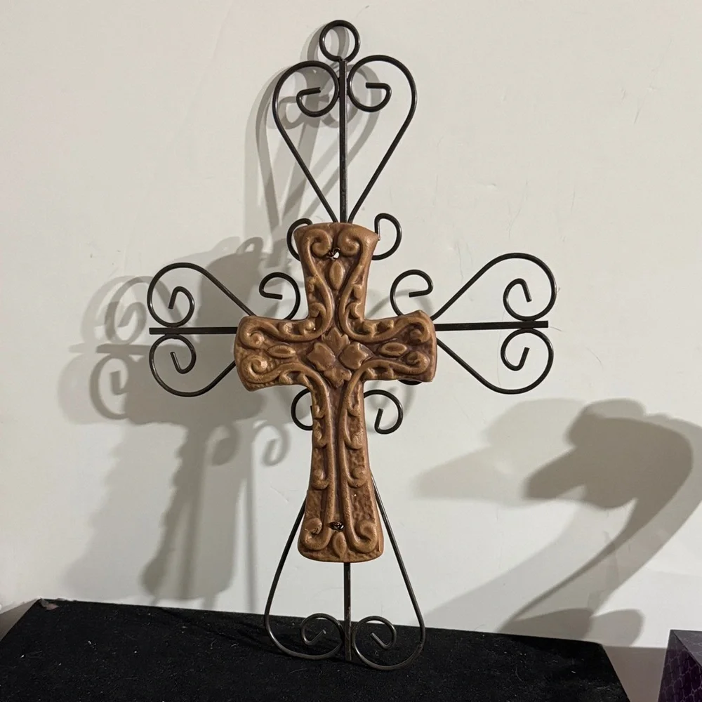 Brown Ceramic Cross over Blake Metal cross. Wall Cross Decor
